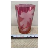 Large Red Cranberry over Clear Etched Glass Vase
