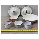 Vtg white and red-trim porcelain Enamelware