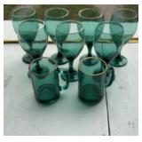 Green Glass Goblet & Mug Set with Gold Rims