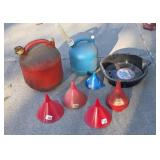 Gas cans 5 gallon is full of gas funnels oil