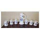 Antique chocolate pot with six mugs 13 inch tall