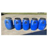 5 Plastic Barrels With Lids And Handles One