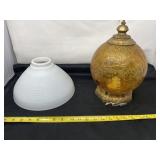 White Glass Shade and Amber Crackled Glass Globe