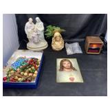 Lefton China Figurine, Rosaries and Alarm Clock