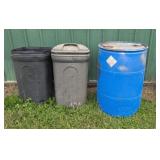 Plastic 55 Gallon Drum Two Plastic Trash Cans