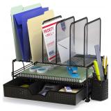 SIMPLE HOUSEWARE Mesh Desk Organizer with Sliding Drawer, Double Tray and 5 Upright Sections, Black - $26