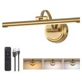 Picture Light for Wall,Battery Operated Art Lights for Painting,3 Color Selections and Brightness, Adjustable Wireless Portrait Lights with Remote for Artwork,Bookcase,Photo Frames(Brass, 15.7inch) - 