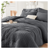 HYMOKEGE 7 Piece King Size Comforter Set Seersucker, All Season Luxury Bed in a Bag for Bedroom, Bedding Set with Comforters, Sheets, Pillowcases & Shams, Dark Grey - $38