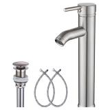 Bathroom Faucet Brushed Nickel GGStudy Single Handle One Hole Tall Body Bathroom Vessel Sink Faucet Bathroom Vanity Faucet with Drain Assembly - $30