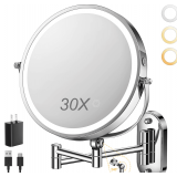 9' Wall Mounted Lighted Makeup Mirror,4000mAh Rechargeable Double Sided 1X/30X Magnifying Mirror with Light,Touch Dimmable,Extended Arm 360 Rotation Wall Mounted Makeup Mirror 3 Color Lights-C - $50