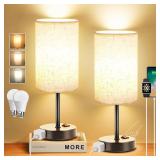 ZJOJO Table Lamp for Bedroom Set of 2, Bedside Small Lamps with 3 Way Dimmable Rocker Switch and AC Outlet, Nightstand Desk Lamp with Flaxen Fabric Shade Black Base for Living Room Home Decor Lights -
