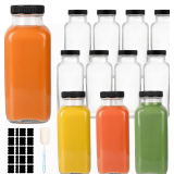 12 Pack Glass Drink Bottles, 12 OZ Vintage Square Water Bottles with Lids, Juice Bottles Beverages Containers for Milk, Kombucha, Smoothies - $22