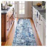 Rugcomf Runner Rug 2'6'x8' Hallway Washable Boho Soft Area Rug Abstract Pattern Non-Slip Faux Wool Vintage for Kitchen, Entryway, Laundry, Bedroom, Blue - $26
