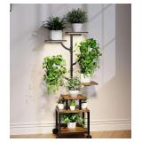 Plant Stand Indoor with Grow Lights - 7-Tier Plant Stand with Wheels, Tall Metal and Wood Indoor Plant Shelf with Tree Design, Rolling Flower Pot Holder Rack with Waterproof Finish, Adjustable Display