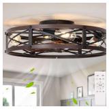 22' Fandelier Caged Ceiling Fan with Light, Rustic Low Profile Bladeless Ceiling Fans with Lights and Remote, Farmhouse Flush Mount Ceiling Fan with Light for Kitchen, Bedroom, Brown - ETL - $159