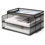 Office Drawer Organizer, 2 Tiers Stackable Paper Tray Organizer for Desk, Standing Papers File, Black Mesh/Office File Collation - $26