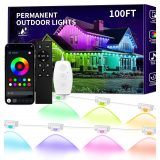 KSIPZE 100ft Permanent Outdoor Lights Waterproof IP67, Smart RGB+IC Eaves LED Lights with App & Button Control, 200+ Dynamic Scene Modes for House Roof, Garden, Christmas, Party Decor - $40