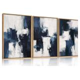 HLNIUC Navy Blue Abstract Wall Art Set of 3, Gray White Modern Neutral Art Decor(16x24), Minimalist Brush Strokes Wall Painting, Dark Geometric Textured Canvas Prints for Living Room, Bedroom, Office 