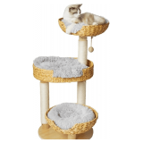 Cat Tree 39 Inches Cat Tower with Sisal Covered Scratching Real Wood Post, Handwoven PE Rattan 3 Baskets perches with Cozy Cushion, Cat Climbing, Cat Scratching Post (Light Gray Cushion) - $110