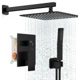 Black Shower Faucet Set, Rainfall Shower System with Square Shower Head and Handle Set, Wall Mounted Shower Fixtures, Full Metal Trim Repair Kit 10 inch Matte Black (With Shower Valve) - $90