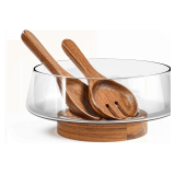 Extra Large Glass Salad Bowl Set - Party Salad Bowls with Acacia Wood Base and Serving Utensils - Elegant and Practical Kitchen Must-Have - $47