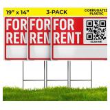 19 14 For Rent Sign (3-Pack) - Weatherproof, Double-Sided | Corrugated Plastic | Stakes & QR App Included - $40