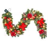 6ft red & Gold Christmas Garland with Lights for Front Door,Lighted Winter Mantle,Fireplace and Stairs Decor- 20 Timer LEDs,prelit Christmas Garland with Sparkles Ornament and Hydrangea Floral Charm -