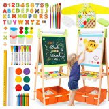 Kids Easel Including 100+ Accessories, Rundad Double Sided Wooden Easel for Kids Age 3-8 with Magnetic Chalkboard & Painting Board, Free Height Adjustable Art Easel Supplies for Toddlers - $80