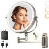 9' Wall Mounted Lighted Makeup Mirror,4000mAh Rechargeable Double Sided 1X/10X Magnifying Mirror with Light,3 Color Lights,Touch Dimmable,Extended Arm 360 Rotation Wall Mounted Makeup Mirror - $40