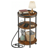 Small Round Side Table with Charging Station for Small Spaces, 3-Tier Round Accent Table with USB Ports & Power Outlets, Corner Table Sofa End Table for Living Room Bedroom (USB Charger, Rustic Brown)