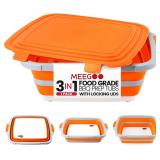 BBQ Prep Tub 3-IN-1 Large 16L Collapsible Cutting Board with Locking Lid for Meal Prep Marinating Food, Camping Sink with Colander, Dish Basin, Storage Blanket for Camping Picnic BBQ, Orange - $30