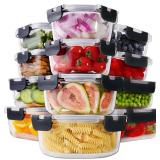 HOMBERKING 24pc Borosilicate Glass Food Storage Containers with Lids, Glass Meal Prep Containers with Leak Proof Snap Lock, Airtight Bento Lunch Boxes, Kitchen Storage (12 lids & 12 Containers)-Black 