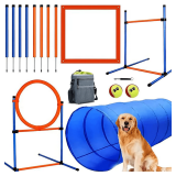 Dog Agility Training Equipment, 60-Piece Dog Obstacle Course Training Starter Kit Pet Outdoor Game with Tunnel, Agility Hurdle, Weave Poles, Jump Ring, Pause Box, Toy Balls and Storage Bag - $80