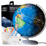 9' Illuminated Educational Kids World Globe + STEM Flags & Countries Interactive Card Game. 3 in 1 Children Desktop Spinning Earth Political & Constellation Maps, LED Night Light Lamp - $56