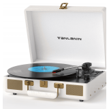 Vintage 3-Speed Bluetooth Portable USB Suitcase Record Player with Built-in Speakers, Upgraded Vinyl Turntable Audio Sound, Includes USB Recording White Leather - $59