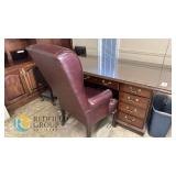 Traditional Executive Desk with Glass Top & 9 Drawers and Burgundy Leather Tufted Wingback Chair
