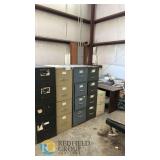 Lot of Mixed Vertical Steel Filing Cabinets (4-Drawer & 2-Drawer), Small Dark Woodgrain Desk