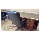 Executive Wooden Desk with Glass Top and 7 Drawers, Includes Black High-Back Leather Chair