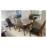 Round Glass Top Wood Dining Table Set with 4 Upholstered Chairs, Contemporary Style, 48" Diameter