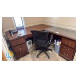 L-Shaped Wood Office Desk, 6 Drawers, Glass Top, 72"x72", Brass Handles, Classic Design