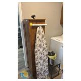 Wood Utility Storage Cabinet w/ 4 Shelves, Towel Bar, Ironing Board, and Metal Rack, Brown Finish