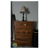 Vintage 8-Drawer Wooden Dresser with Ornate Brass Handles and Raised Panel Fronts with Lamp
