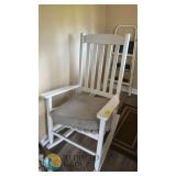White Wooden Rocking Chair with Cushion, Slat-Back Design, Wide Armrests