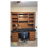 Large Oak Office Desk with Hutch, 8 Drawers, Chair & Brass Desk Lamp, 72"x24"x78"