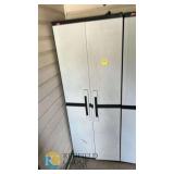 Keter Signature Vertical Storage Shed, 67" H x 55.1" W x 29" D, Resin & Metal, Off-White/Black, along with Contents