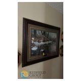 Framed Wildlife Art Print - Three Deer in Winter Scene, Dark Wood Frame with Metallic Accents