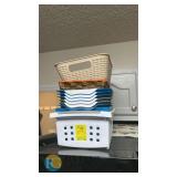 Mixed Lot of Plastic and Woven Storage Baskets and Trays, Various Sizes and Colors