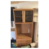 Oak Finish Display Cabinet with Sliding Glass Doors, Lower Drawers, 72"x36"x18"