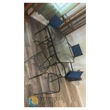 Rectangular Glass Patio Dining Set – 4 Blue Mesh Chairs, 2 Mesh Stools, Black Metal Frame
