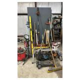 Bulk Shop & Hand Tool Lot — Floor Jack, Wet/Dry Vac, 6ft Level, Pole Saw, Push Broom, Work Light & More — and more